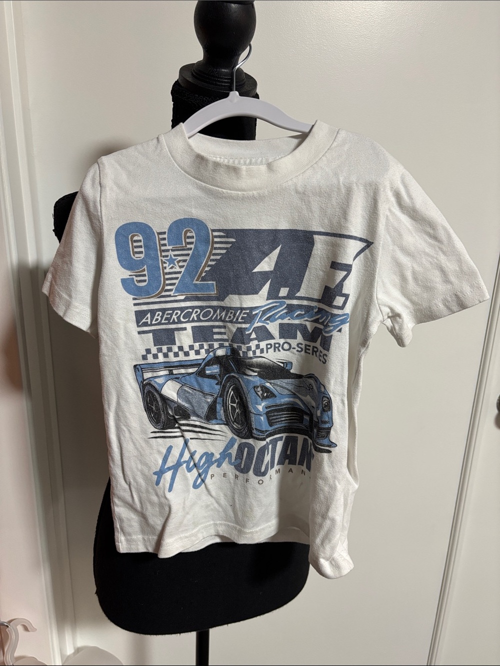 Abercrombie & Fitch White Tee with Blue Racing Car Graphic